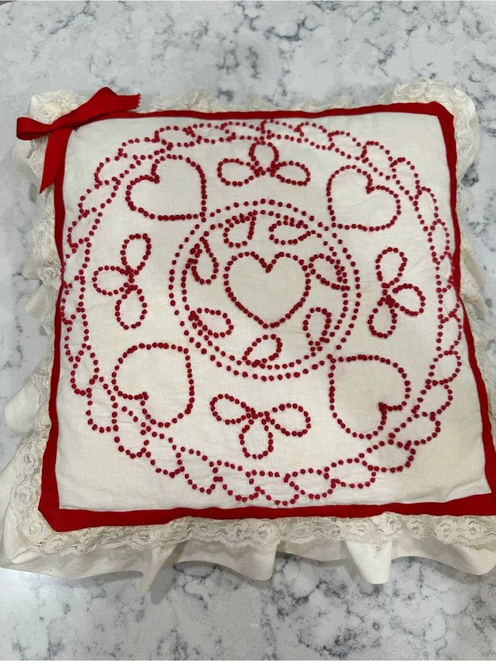 Vintage Hand-Embroidered Red and White Decorative Pillow - Home Holiday